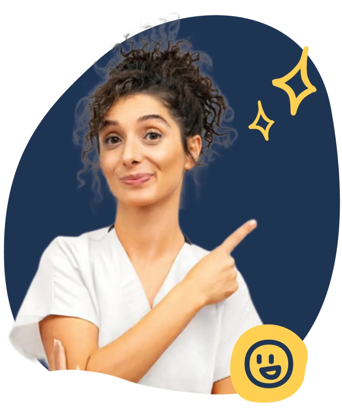 Person zeigt mit dem Finger oben rechts in die Ecke